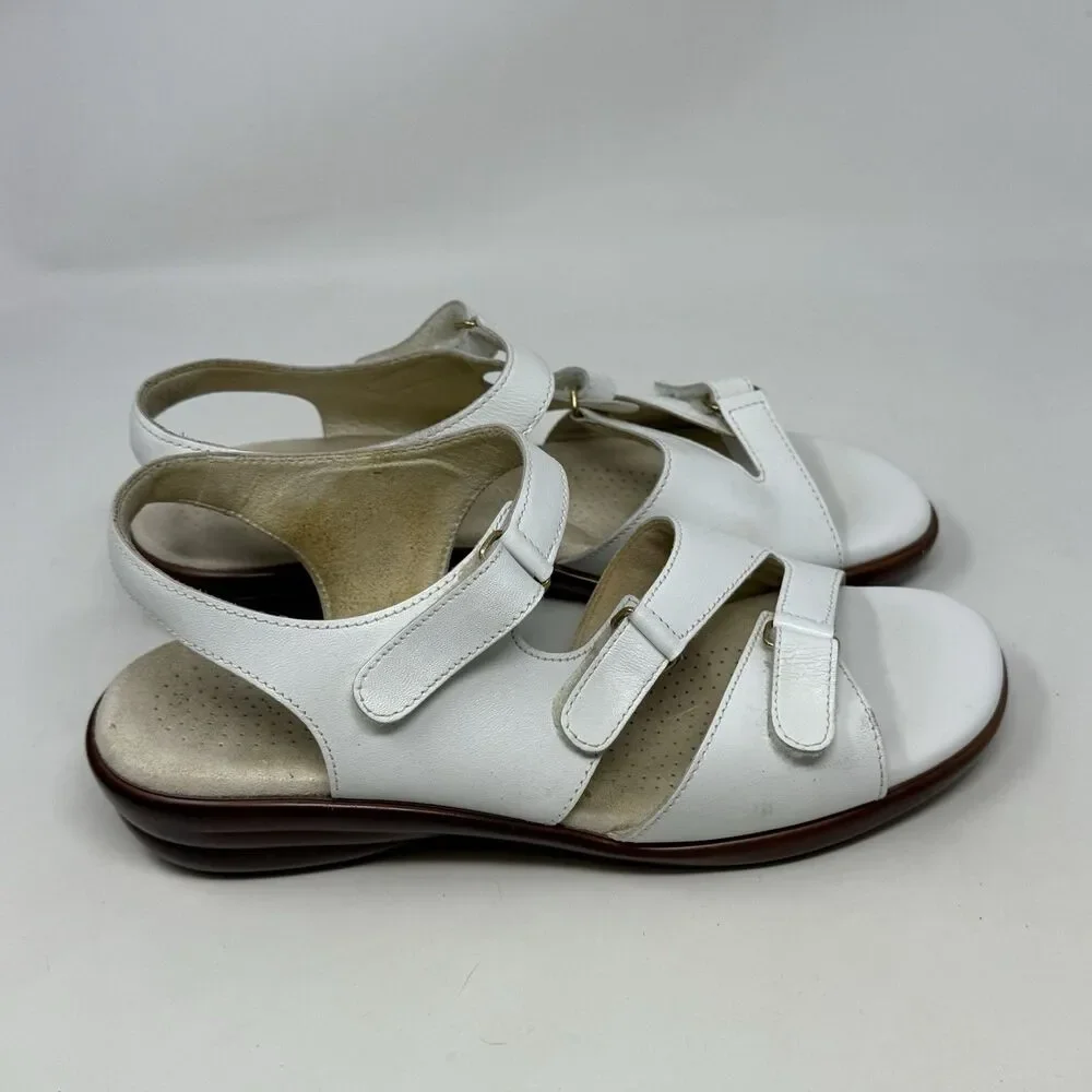 SAS Tabby Wedge Sandals Womens 7.5 W Wide White Leather Strappy Comfort Casual